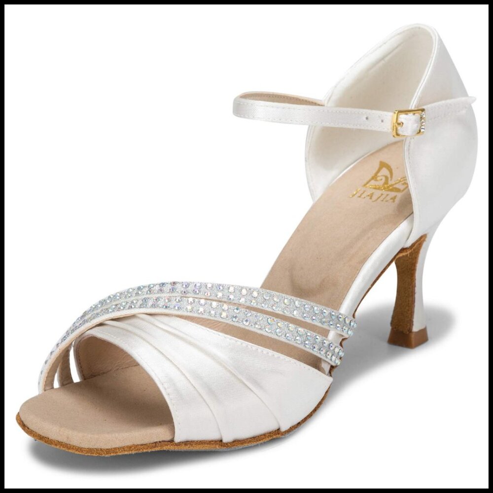 Satin Dance Sandals Flared Heel Rhinestone Elegant Latin Salsa Performance Shoes